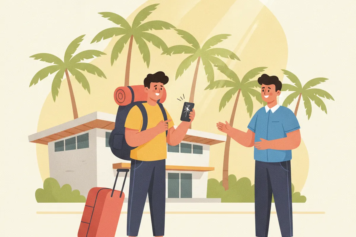 Illustration of a traveler outside a Costa Rican airport looking at a phone with a cracked screen
