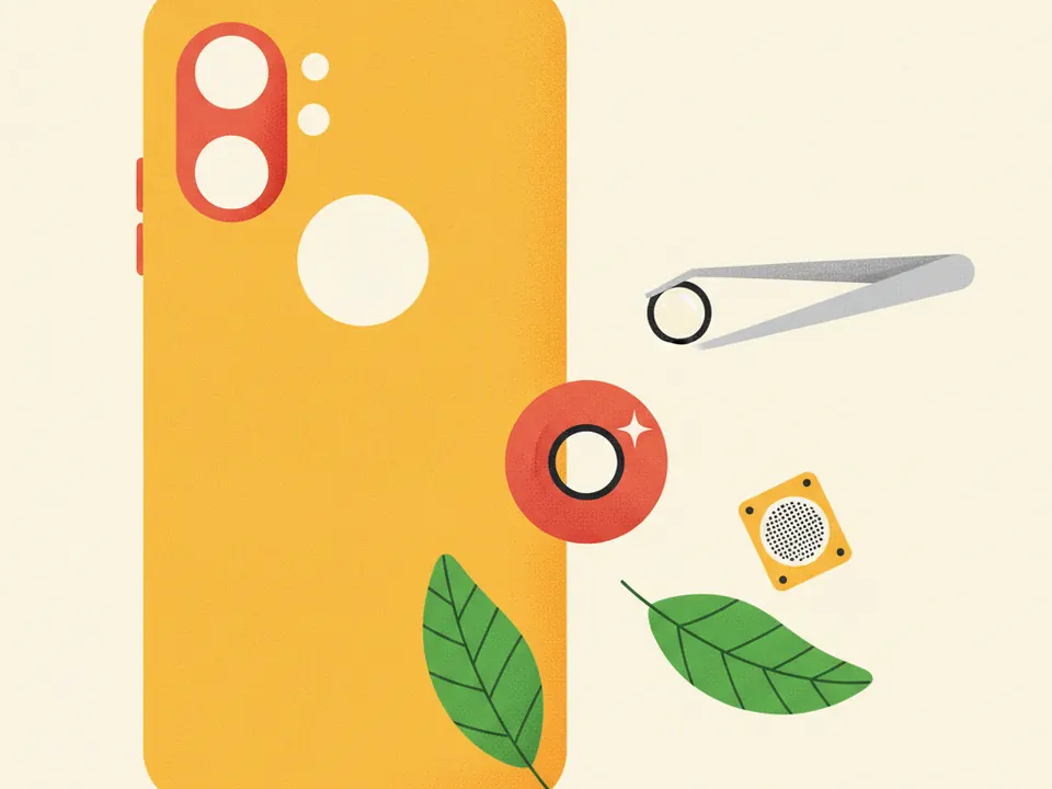 Ilustración del módulo de cámara de un celular desmontado con pinzas