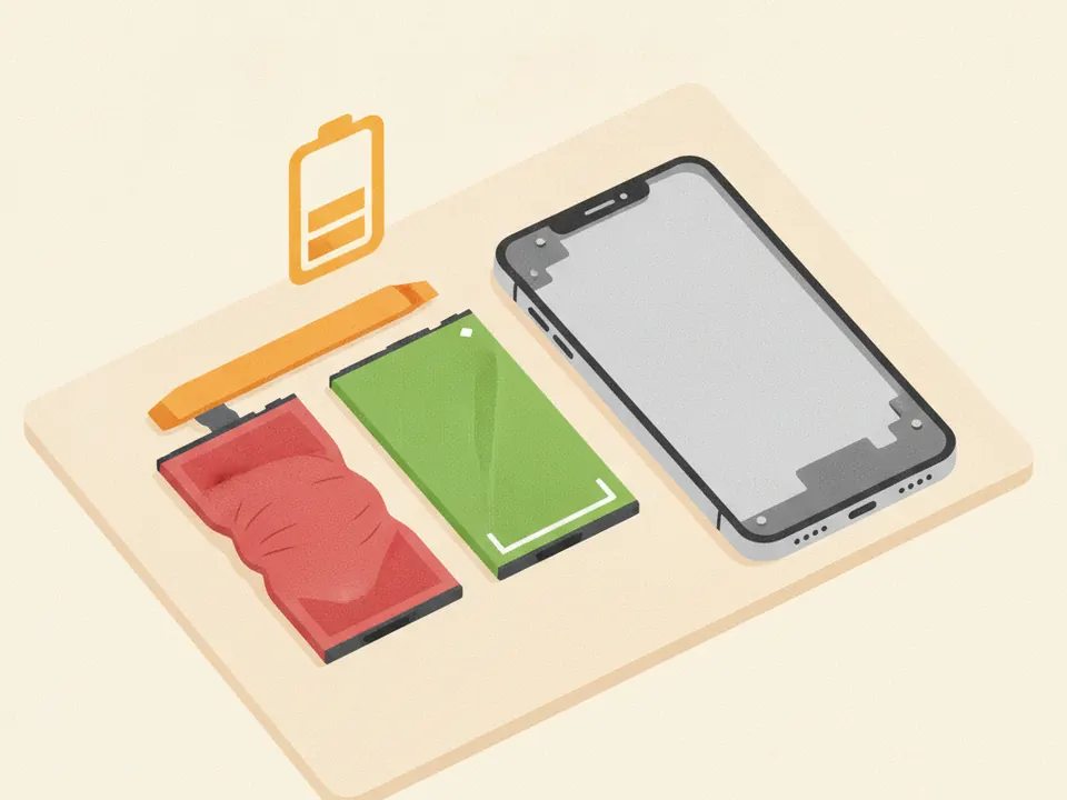 Ilustración de un celular abierto con la batería inflada junto a una batería nueva