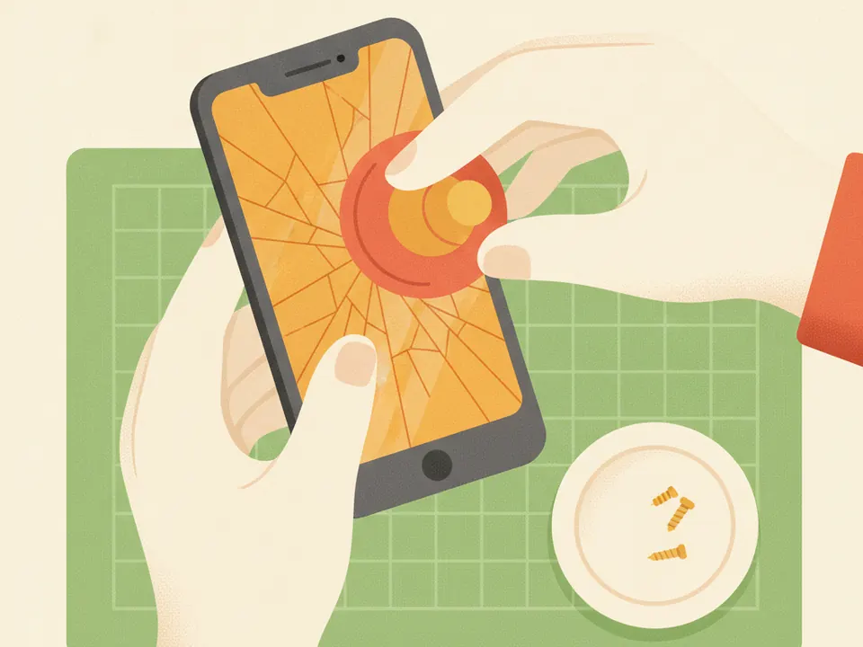 Ilustración de manos levantando con ventosa la pantalla quebrada de un celular
