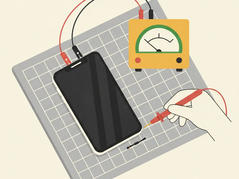 Ilustración de un celular con la pantalla negra conectado a una fuente de taller con medidor