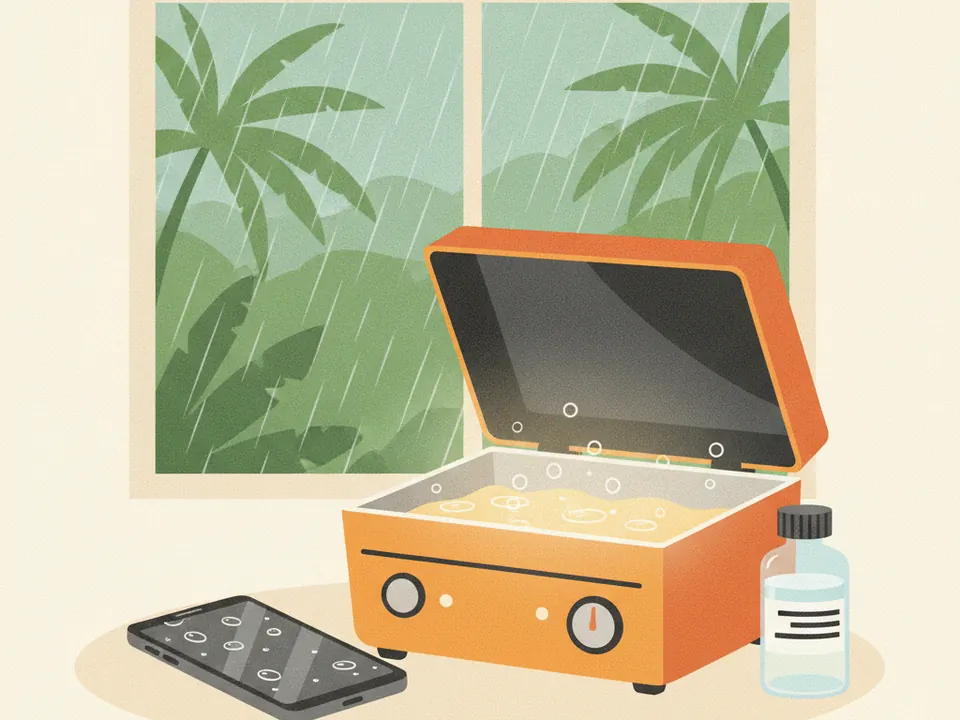 Ilustración de un celular mojado junto a una tina de limpieza ultrasónica