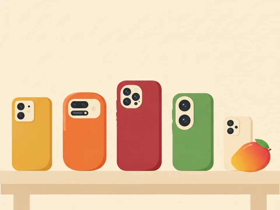 Ilustración de cinco celulares de distintas marcas sobre una mesa de reparación junto a un mango
