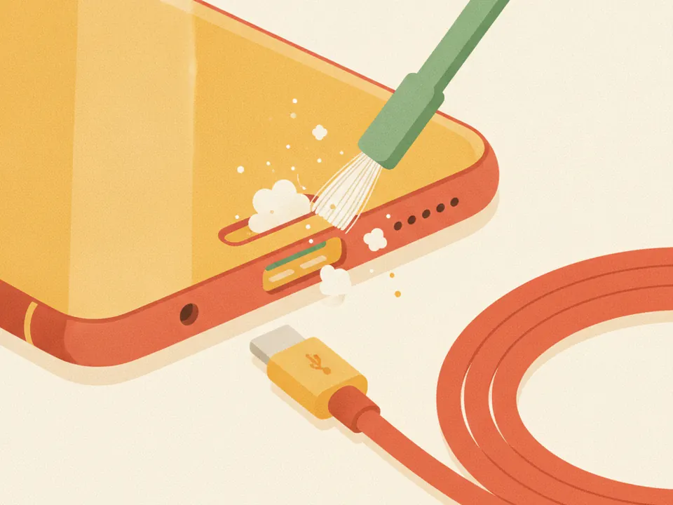 Ilustración de la limpieza del puerto de carga USB-C de un celular con un cepillo fino