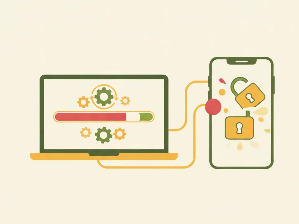 Ilustración de un celular conectado a una computadora restaurando el sistema