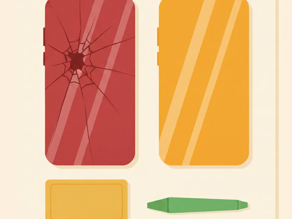 Ilustración de la parte trasera de un celular con el vidrio quebrado junto a una tapa nueva